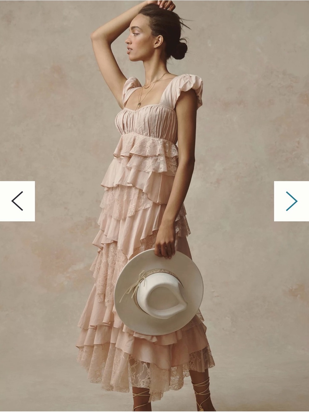 Anthropologie XL Blush Cotton Ruffle Tiered Lace Midi Dress Boho Wedding Fae